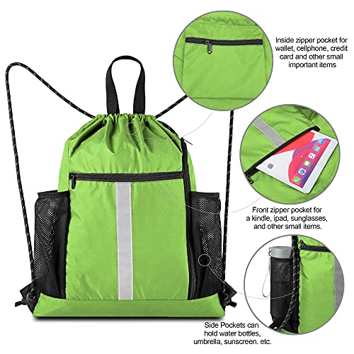 BeeGreen Cinch Bag Backpack String Gym Sackpack with Shoe Compartment and Two Side Mesh Pockets Large Lightweight Portable Sport Drawstring Sack - color: Lime, style: Drawstring With Shoe Compartment