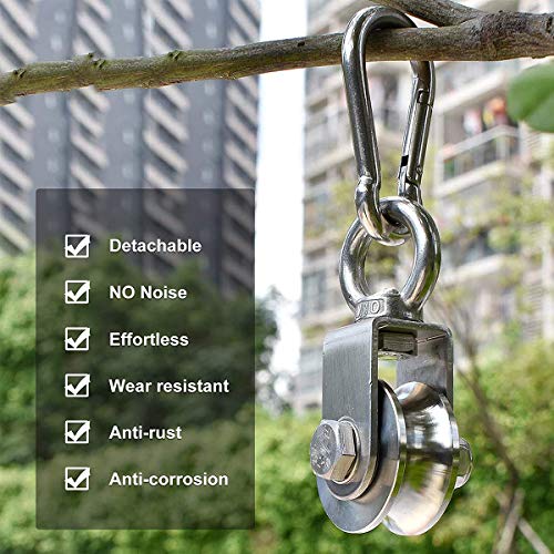 Single Pulley Block 360 Degree Rotation Traction Wheel Stainless Steel Swivel Hook & Carabiner Heavy Duty for Washing Line/Rope Loading 500kg Gym - size: 107mm+Carabiner