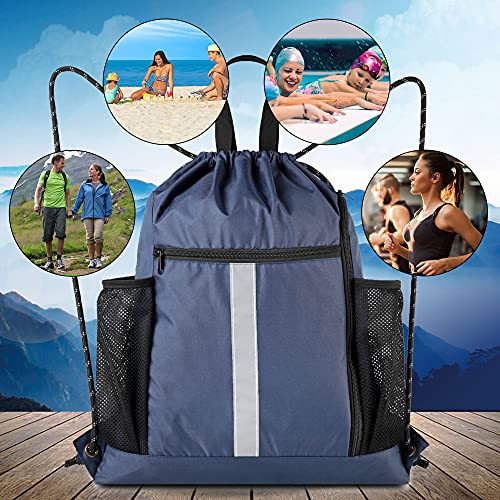 BeeGreen Gym-Drawstring-Backpack-Bag With Shoe Compartment and Two Water Bottle Holder Large String Backpack Sports Bag Athletic Sackpack For Men Women - color: Navy, style: Drawstring With Shoe Compartment