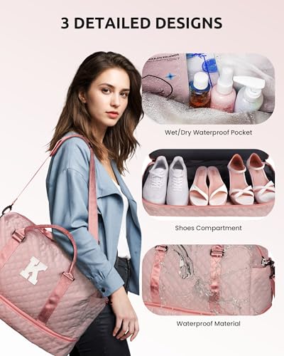 Vogewood-Teen Girl Gifts Trendy Stuff-Initial Duffle Bag, Sister Gifts | Weekender Overnight Dance Bag for Girls-Travel Bags with Monogram, Letter Bags With Shoe & Makeup Compartments (N) - color: Pink, style: N