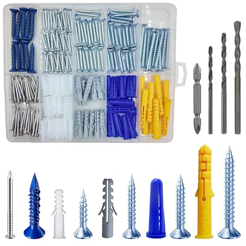 Wensilon (274 pcs) Plastic Drywall Wall Anchors Kit with Screws， Concrete Screw kit Wall Anchor Set Suitable for Brick and Cement Walls - color: Composite Drywall Plastic Anchors Kit