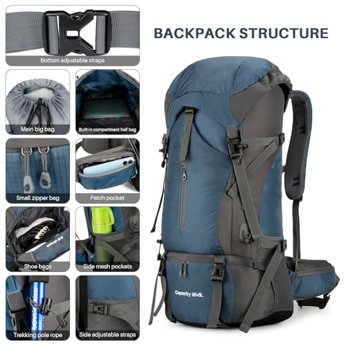 OKYUK 70L Hiking Backpack, Camping Hiking Back Pack, Water Resistant Lightweight Mountain Climbing Bag, Outdoor Camping Sport Daypack with Rain Cover, for Travel, Touring, Cycling (Navy Blue, 70L) - color: Navy Blue