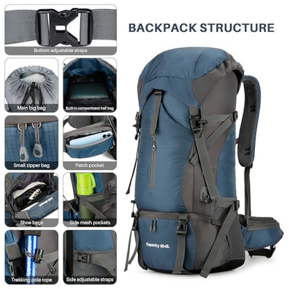 OKYUK 70L Hiking Backpack, Camping Hiking Back Pack, Water Resistant Lightweight Mountain Climbing Bag, Outdoor Camping Sport Daypack with Rain Cover, for Travel, Touring, Cycling (Navy Blue, 70L) - color: Navy Blue