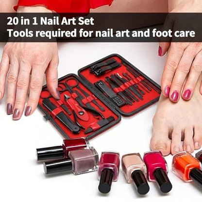 Professional Manicure & Pedicure Set 20-Piece - Stainless Steel Nail Care Tools with Luxury Leather Travel Case (Black)