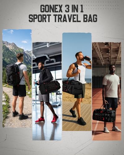 Gonex 45L Tactical Duffel Bag, 3-in-1 Gym & Travel Bag | Shoe compartment, Tactical gear loops, Water-repellent lining, 5 zip pockets, Weekend travel - color: Black with Red Accents, size: 45L