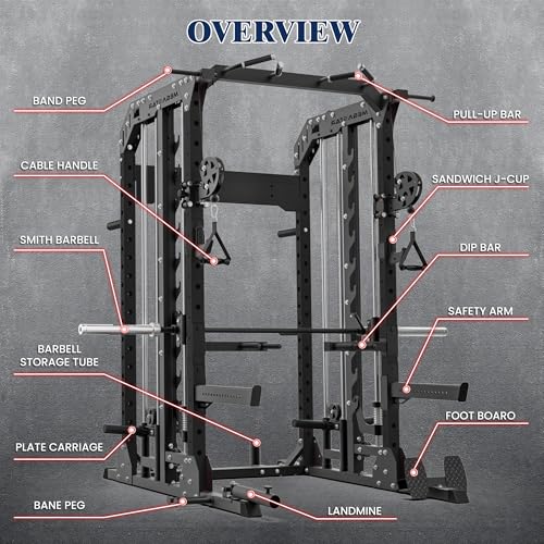 Smith Machine, 2600LBS Squat Rack, 7-in-1 Home Gym Cage with Adjustable Safety Bars, Pull-Up & LAT Pulldown - color: Black, size: P107 Only Smith Machine