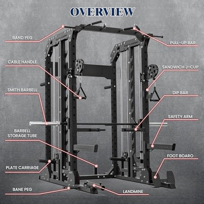 Smith Machine, 2600LBS Squat Rack, 7-in-1 Home Gym Cage with Adjustable Safety Bars, Pull-Up & LAT Pulldown - color: Black, size: P107 Only Smith Machine