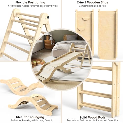 Pikler Triangle Set 7in1 Toddler Climbing Toys Indoor Foldable Baby Climbing Toys Wooden Montessori Climbing Set with Arch, Ramp, Ladder for 1-3 Years, Jungle Gym for Kids (Natural)