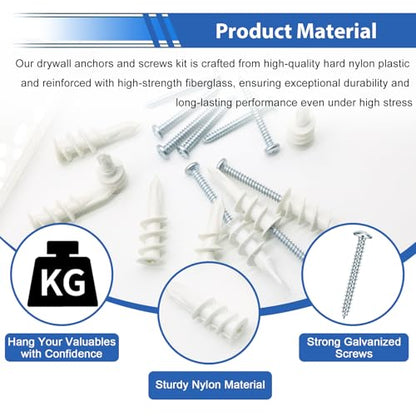 smseace 103Pcs Self Drilling Drywall Anchors with Screws Kit, 51Pcs #8-1-1/2” Self-Tapping Screw, 51Pcs Drywall Anchor, 1Pcs Drill bit Holds Upto 75lbs - color: White
