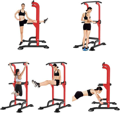 SogesHome Multi-Function Power Tower Pull Up Bar Dip Station for Home Gym | Height Adjustable PullUp Dip Stand, Full Body Strength Training Equipment, Fitness Workout for Push Ups Dips, 330LB Capacity - color: Red