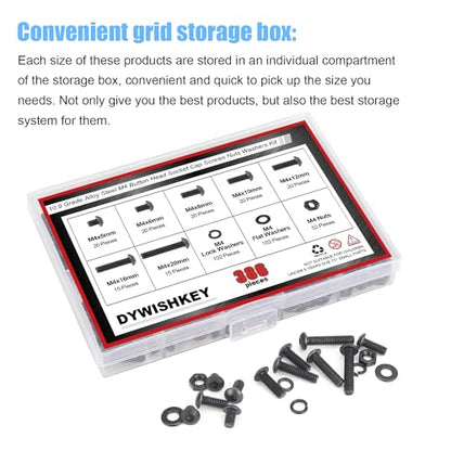 DYWISHKEY 386 Pieces M4 Black Screws, 10.9 Grade Alloy Steel M4x 5/6 /8/10 /12/16 /20mm Button Head Socket Cap Screws Bolts Nuts Washers Assortment Kit - size: M4, style: Button Head Socket Cap