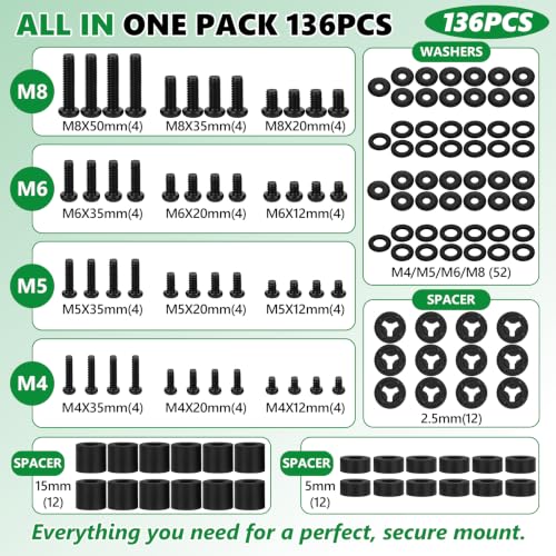 136Pcs Universal TV Mounting Hardware Screws Kit Set M4-M8 | With Spacers & Washers, Compatible with Samsung LG Vizio Sony TCL Curved TVs, Carbon Steel Black, Organized Storage Case - color: 136PCS Black