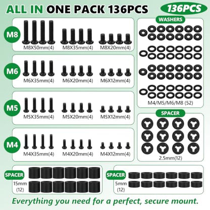 136Pcs Universal TV Mounting Hardware Screws Kit Set M4-M8 | With Spacers & Washers, Compatible with Samsung LG Vizio Sony TCL Curved TVs, Carbon Steel Black, Organized Storage Case - color: 136PCS Black