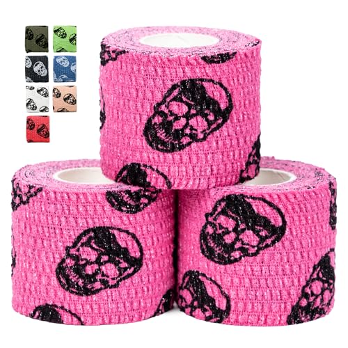 Gymreapers Hook Grip Weightlifting Tape (3 Pack) Premium Adhesive Thumb Skull Tape for Finger Protection, Powerlifting, Exercise & Cross Training - Athletic Sweat Proof Tape - color: Pink