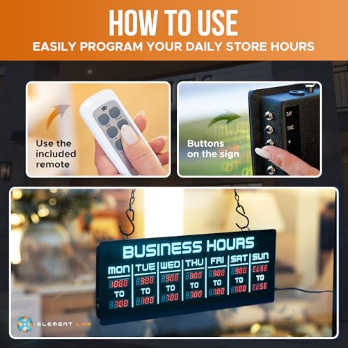 Digital Business Hours Sign by ELEMENT LUX - Electronic Programmable Hours of Operation Signs for Business with Ultra Bright LEDs for Glass Door - Remote and Hanging Kit - 16in x 5.5in, Blue - color: Blue and Red