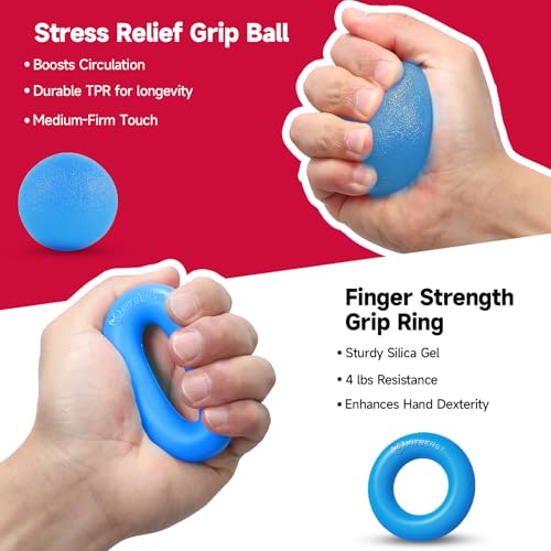 FitBeast Hand Grip Strengthener Workout Kit (5 Pack), 2 Forearm Grip Adjustable Resistance Hand Gripper, Finger Stretcher, Grip Ring & Stress Relief Grip Ball for Athletes - color: Sky Blue