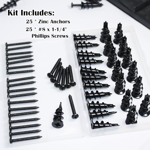 50Pc #8 Black Self Drilling Metal Drywall Anchors Heavy Duty and Screws kit | 25 Heavy Duty Hollow Sheetrock Anchors + 25 #8 1-1/4'' Screw, No Pre Drill Hole Required - Hold 75lbs for Hanging or Mounting