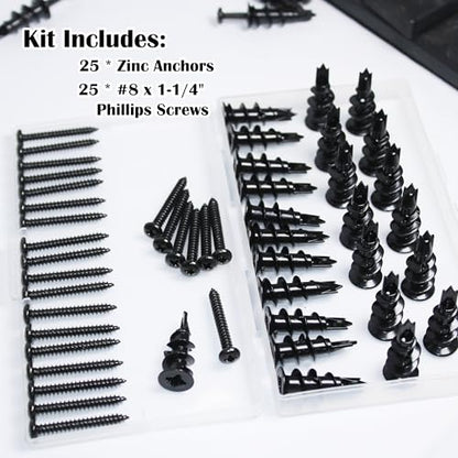 50Pc #8 Black Self Drilling Metal Drywall Anchors Heavy Duty and Screws kit | 25 Heavy Duty Hollow Sheetrock Anchors + 25 #8 1-1/4'' Screw, No Pre Drill Hole Required - Hold 75lbs for Hanging or Mounting