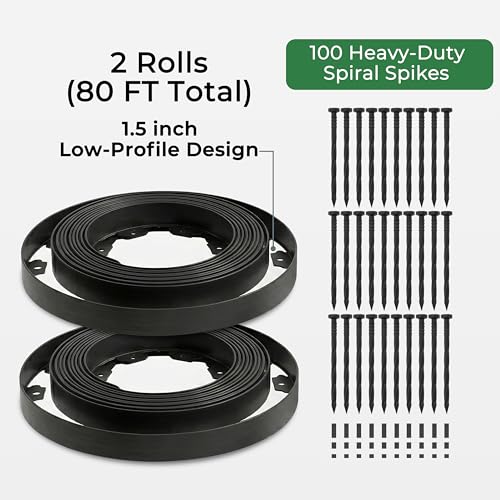 Gardzen 1.5" x80' Landscape Edging Kit with 100 Spikes | Garden Edging Coil for Lawn Borders and Landscape Projects, Easy No Dig Installation with Durable Ground Stakes Included - size: 80ft