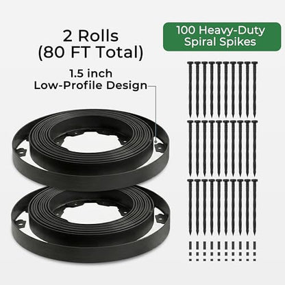 Gardzen 1.5" x80' Landscape Edging Kit with 100 Spikes | Garden Edging Coil for Lawn Borders and Landscape Projects, Easy No Dig Installation with Durable Ground Stakes Included - size: 80ft