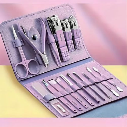 16PCS Professional Manicure & Pedicure Set Stainless Steel Nail Care Kit Travel Manicure Kit, Purple - color: Purpel