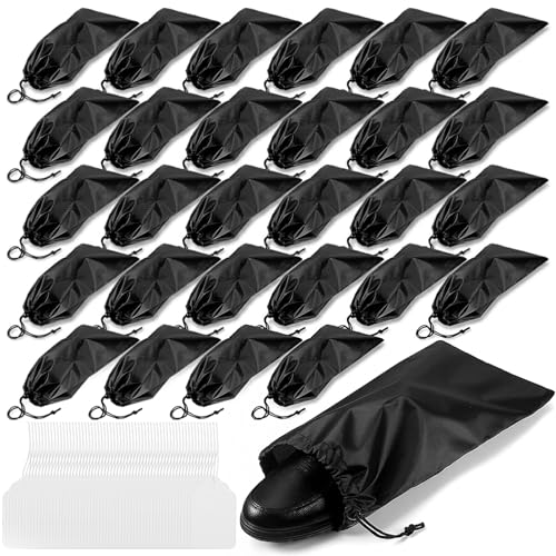 30 Pack Shoe Travel Bags with Drawstring, Dust Bags for Shoes Oxford Cloth Waterproof, Single Shoe Pouch for Men Women Travel Storage, 45x20cm (17.71x7.87in) with 100 Paper Tags, Black