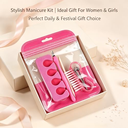 6 Piece Manicure Kit, Portable Nail Care Set with Case, Metal Pusher Nail File Clipper Brush Finger Separator, Travel Tool Set, Rose Red