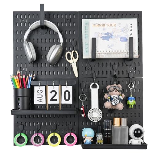 Pegboard Wall Organizer Kit – Heavy Duty 20lbs Load Bearing, Easy Installation, 4 Peg Board Panels 14 Accessories – Multi-Surface Use For Garage, Office, Kitchen & Crafts (Black Pegboard,24″×24″) | 24 x 24 Inch Modular Peg Board Panels with 14 Accessories
