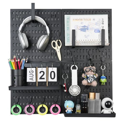 Pegboard Wall Organizer Kit – Heavy Duty 20lbs Load Bearing, Easy Installation, 4 Peg Board Panels 14 Accessories – Multi-Surface Use For Garage, Office, Kitchen & Crafts (Black Pegboard,24″×24″) | 24 x 24 Inch Modular Peg Board Panels with 14 Accessories