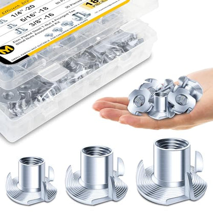 Mywish 180Pcs 1/4-20 5/16-18 3/8-16 T-nut Assortment Kit & 50Pcs 3/8-16 T Nuts, 4 Pronged T Blind T Nut Zinc-Plated Alloy Steel, Wood Working, Rock Climbing Holds & Furniture Hardware Nuts