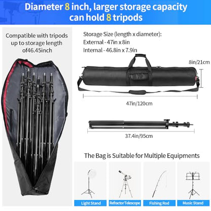HEMMOTOP Tripod Bag, 47x8.3in All Sides Thick Padded Tripod Carrying Case with Shoulder Strap and Handle, Heavy Duty Light Stand Bag with Two Zippered Pockets for Pool Cue, Speaker Stand -R12021 - size: 47" L x 8.3" D