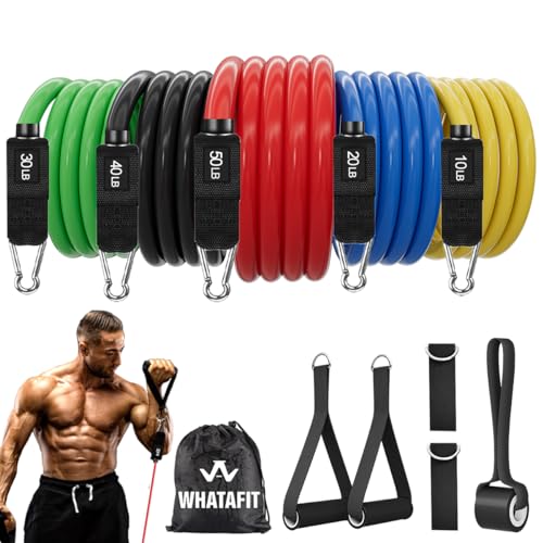 WHATAFIT Resistance Bands with Handles, 5-Level Exercise Bands for Workout | Natural latex,10-50 lbs, stackable to 150,Ankle Straps, Door Anchor,Guide. For Strength, Yoga,Home Gym,Travel & Workout. - color: Multi