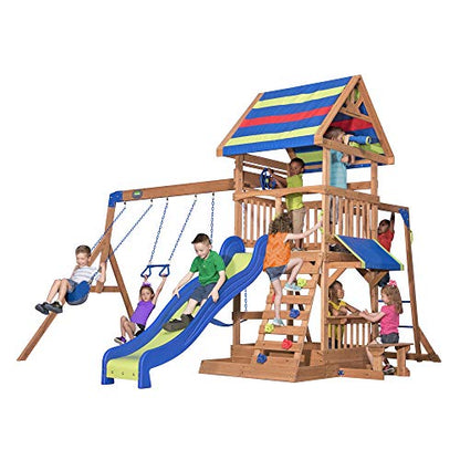 Backyard Discovery Beach Front Cedar Wood Swing Set with Wave Slide, Play Deck, Monkey Bars, Rock Wall Ladder, Shaded Picnic Area, Snack Bar, Belt Swings, Trapeze, Sandbox Area, Outdoor Playset - color: Multicolor