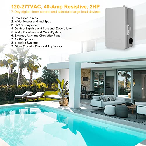 SURAIELEC Digital Pool Timer, 7-Day Programmable Digital Timer Switch, 40 AMP, 2HP, 120, 240, 277 VAC, Outdoor Indoor Heavy Duty Controller Box for Pool Pump, Water Heater, Lights, Powerful Appliances - style: 120-277VAC 1-2HP