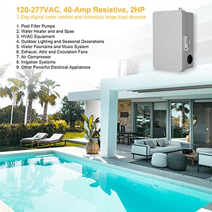 SURAIELEC Digital Pool Timer, 40Amp 2HP, 120/240/277VAC, 24-Hour Display | 7-Day Programmable Digital Timer Switch, Outdoor Indoor Timer Box for Pool Pump, Water Heater, Lights, Powerful Appliances - style: 120-277VAC 1-2HP
