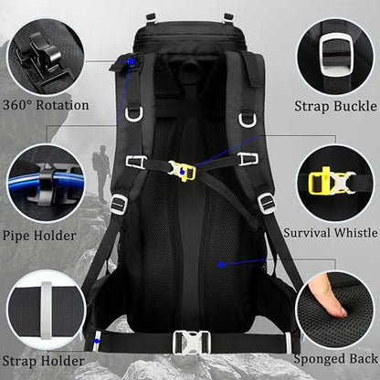 60L Travel Hiking Camping Backpack with Rain Cover, Backpack Water Resistant,Climbing Backpack for Men Women - color: Black
