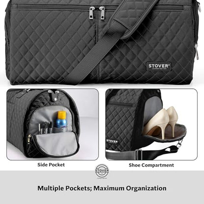 STOVER Women’s Convertible Garment Duffel Bag for Travel – 2-in-1 Carry-On Weekender/Overnight Tote - Wrinkle-Free Dresses, Suits & Clothes + Shoe Compartment & Bonus Toiletry Bag (Onyx Black) - color: Onyx Black