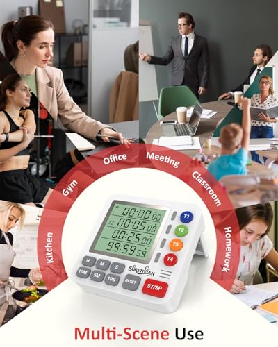 Digital Kitchen Timer with 4 Channel, Loud Alarm and Silent Mode | Magnetic Cooking Timer with Count Up & Countdown for Kids and Seniors, Large Display to Read, Auto Memory, Battery Included - color: White