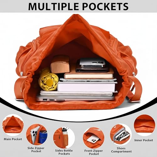 Sport Drawstring Backpack, Gym Bag with Mesh Side Pockets and Separate Shoe Compartment, Water-Resistant (Orange) - color: Orange