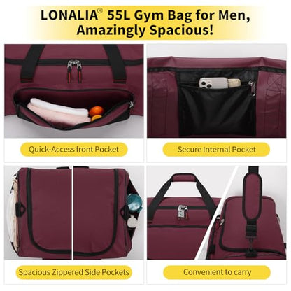 55L Large Sports Duffle Gym Bag for Men, Maroon | Heavy Duty, Multi Pockets, Roomy, 22 inch - color: Maroon