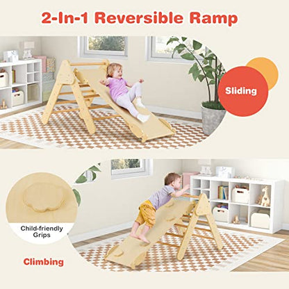 HONEY JOY 5 in 1 Wooden Climbing Toys for Toddlers, Triangle Climber with Ramp for Sliding or Climbing, Indoor Beech Montessori Triangle Climbing Arch Set for Daycare, Gym & Playground, Natural - style: 5 In 1