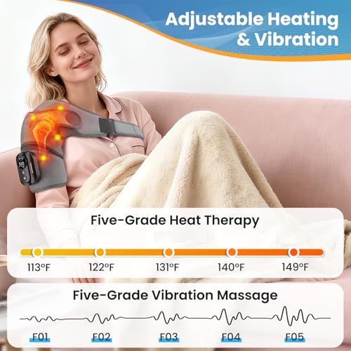 Triple Method Shoulder Massager for Deep Tissue, 5000mAh Cordless Wearable Vibration Heated Shoulder Brace for Muscle Massage Home & Outdoor (LightGray)