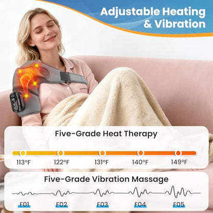 Triple Method Shoulder Massager for Deep Tissue, 5000mAh Cordless Wearable Vibration Heated Shoulder Brace for Muscle Massage Home & Outdoor (LightGray)