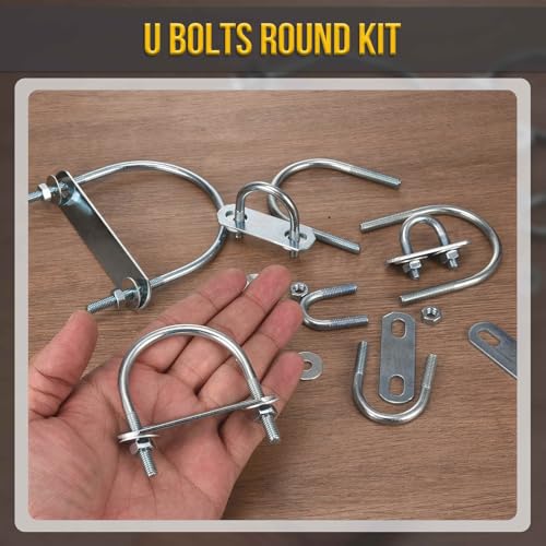 DTGN M10x65x110mm U Bolts Round Kit - 4Set - Carbon Steel U-Bolt Kit with Nuts, Washers, Frame Plate - Good for Pipe, Trailer, Automotive, Leaf Spring Fastener - size: M10x65x110mm