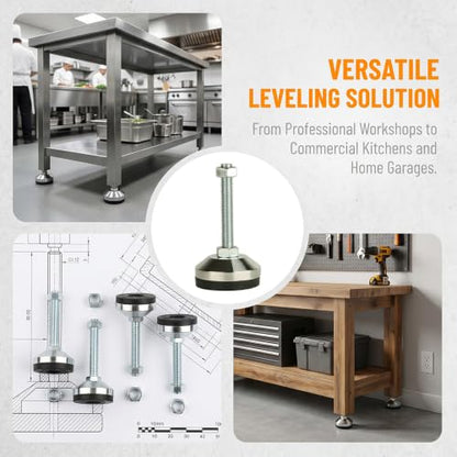 Heavy Duty Leveling Feet, M12 Thread,1300lb Capacity,4 Pcs | Stainless Steel Adjustable Leg Levelers for Shelving, Workbench, Machinery Devices,2.36" Dia Base with Anti-Slip Nylon Pad - size: D60xM12x100,4 Pcs