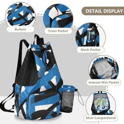 Drawstring Climbing Gym Bag With Water Bottle Pocket Drawstring Backpack For Women Men with Wet Dry Compartments Abstract Art Lines Black Blue