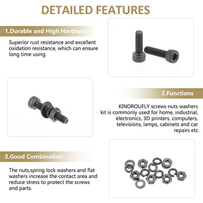 382 Pieces Black M4 x 5/6 /8/10 /12/16 /20mm Hex Socket Head Cap Screws Nuts Washers Assortment Kit, 12.9 Grade Alloy Steel - size: M4, style: Socket Head