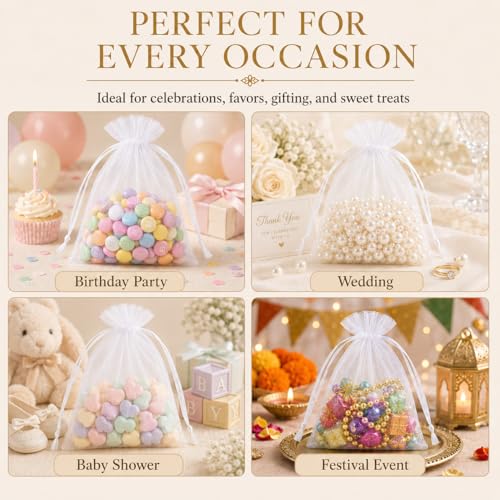 ANZNKU 50PCS Organza Bags 5 x 7, White Small Gift Mesh Bags Drawstring Bulk | Sheer Goodie Pouches for Wedding Candy Party Favors Baby Bridal Shower&Halloween, Jewelry Treats Sachet Soap Makeup Gift Wrap - color: White