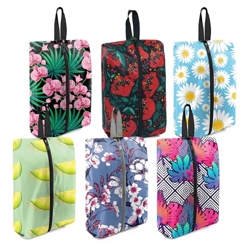 BeeGreen Shoe Bags 6 Pack Flower Design for Travel with Handle as Packing Organizers for Suitcase and Luggage | Portable Nylon Storage Accessories for Vacations, Essential Gifts for Women and Men - color: Orange, light blue, purple red, deep pink, purple