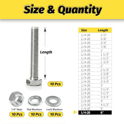 （10 Sets 1/4-20x6 Hex Bolt,Nut, Flat Washer & Split Lock Washer Assortment Kit,40Pcs 304 Stainless Steel SAE Fastener Set,Ideal for Mechanical Assembly, Equipment Repair and DIY Projects - size: 1/4-20x6" 10sets
